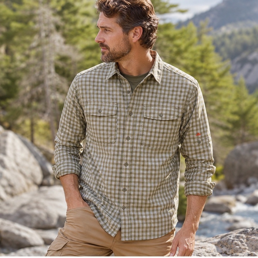 Ozark Trail Mens 2XL Plaid Fishing Shirt Hiking Outdoor Vented Utility Green